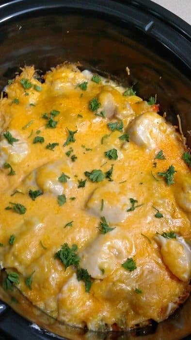 Make ahead freezer chicken pot pie recipe inside a slow cooker.