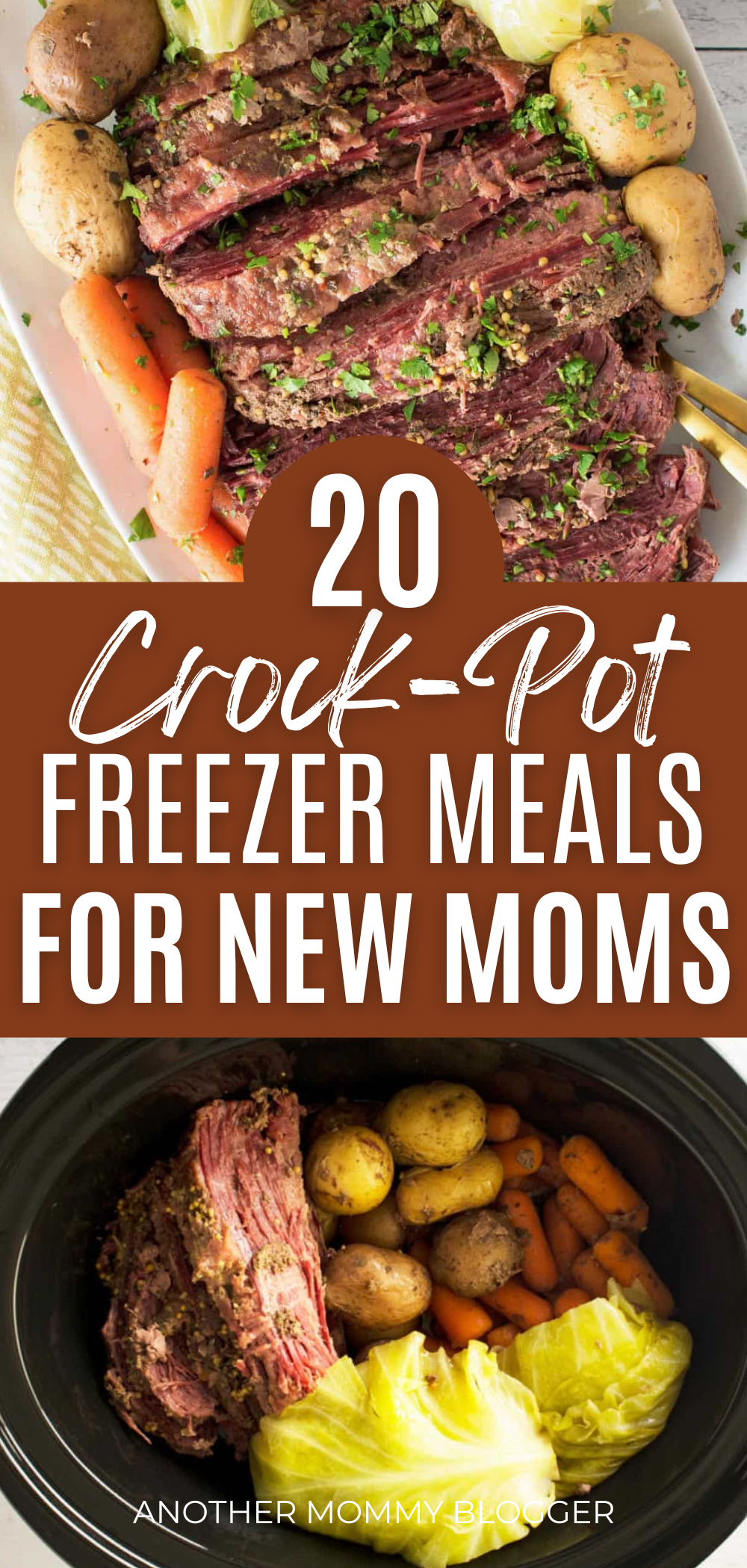 Crock-pot freezer meal for new moms shown as corn beef and cabbage in a slow cooker and served on a white plate.