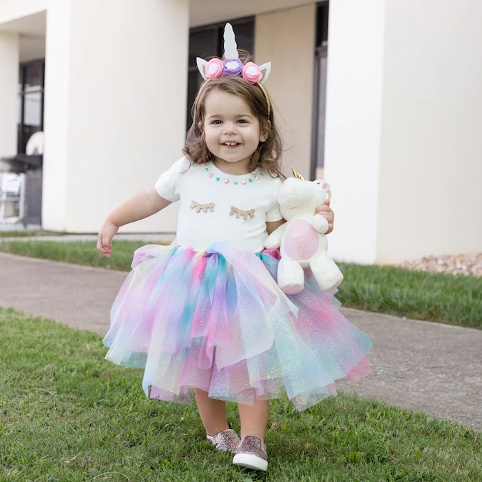 DIY unicorn toddler costume for Halloween.