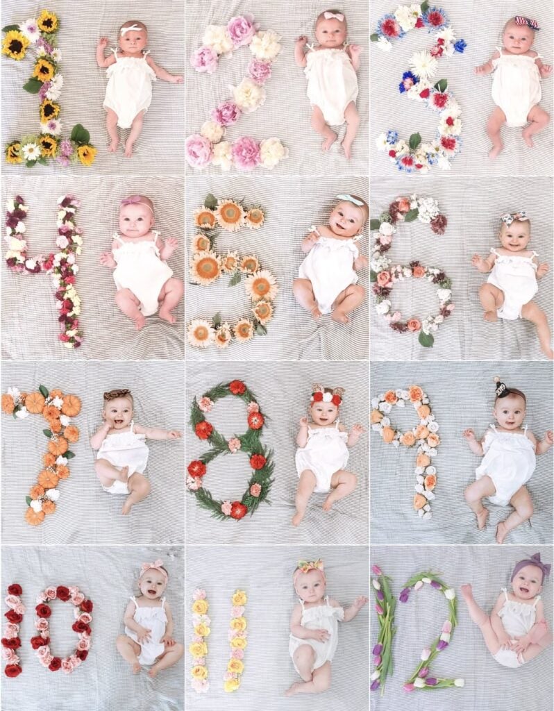 12 monthly milestone pictures of baby girl with flowers.