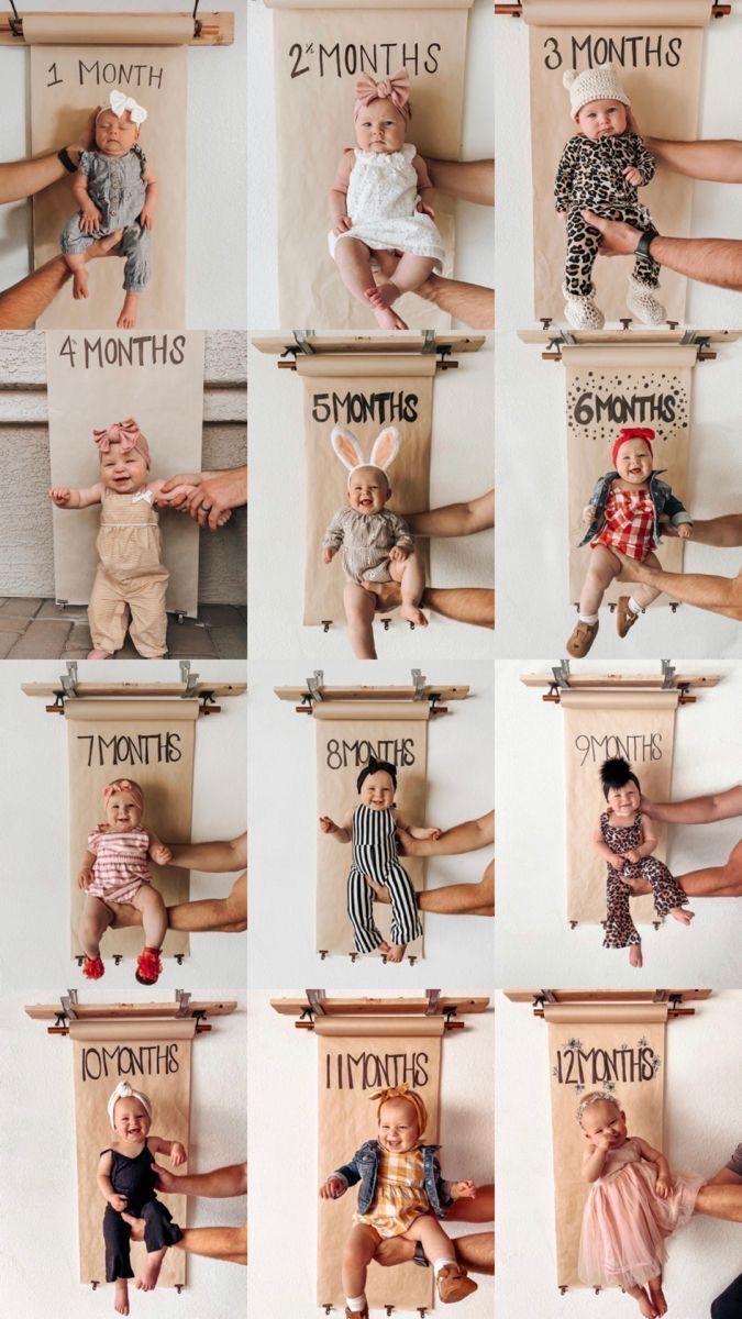 12 paper roll monthly baby photos month by month taken at home.