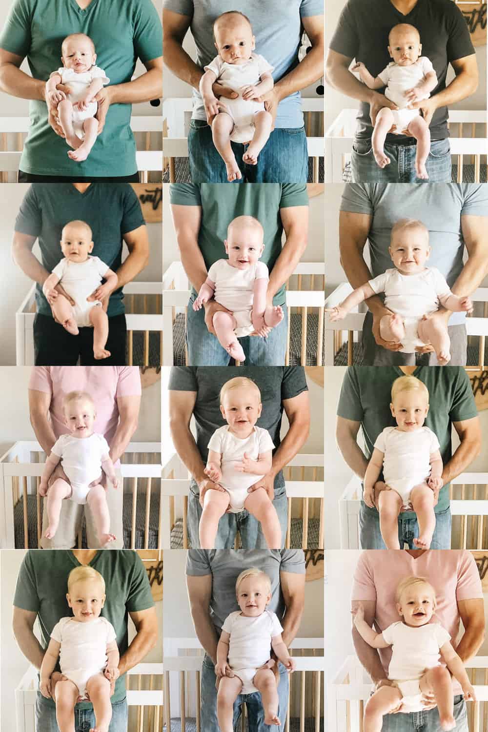 Dad holding baby month by month for baby milestone photos.