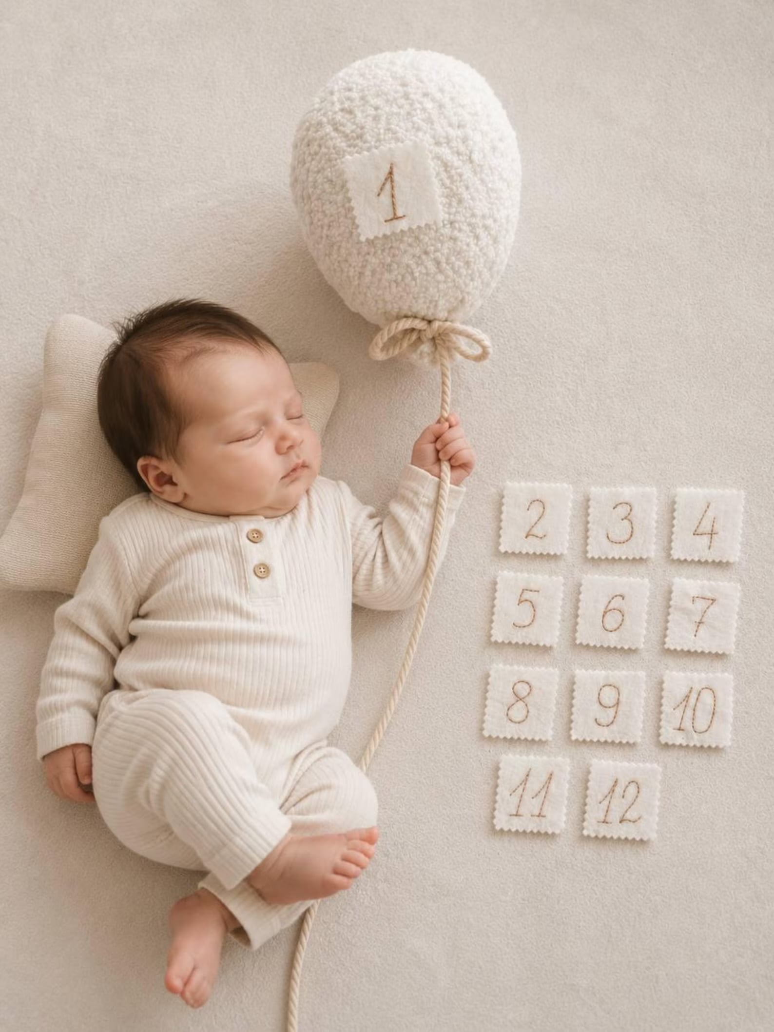 Milestone balloon set featuring baby holding a fabric balloon with the number one.