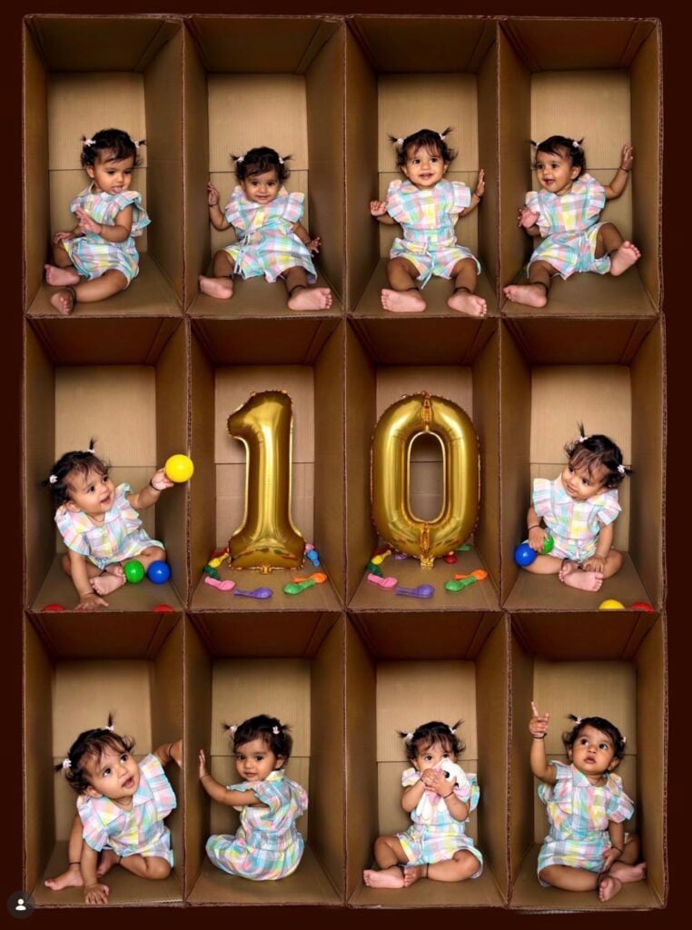 Collage of baby girl photos of girl in a cardboard box with number 10 balloons at the center for a monthly baby photo.