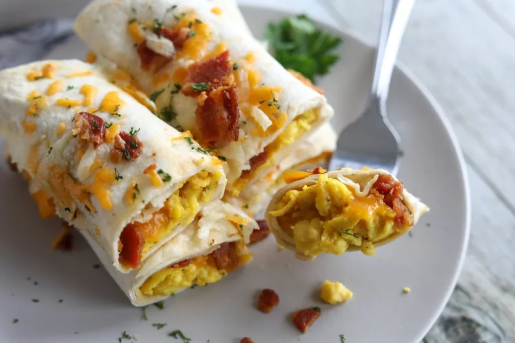 Easy gestational diabetes breakfast consisting of low-carb breakfast burritos filled with scrambled eggs, bacon, and cheese.