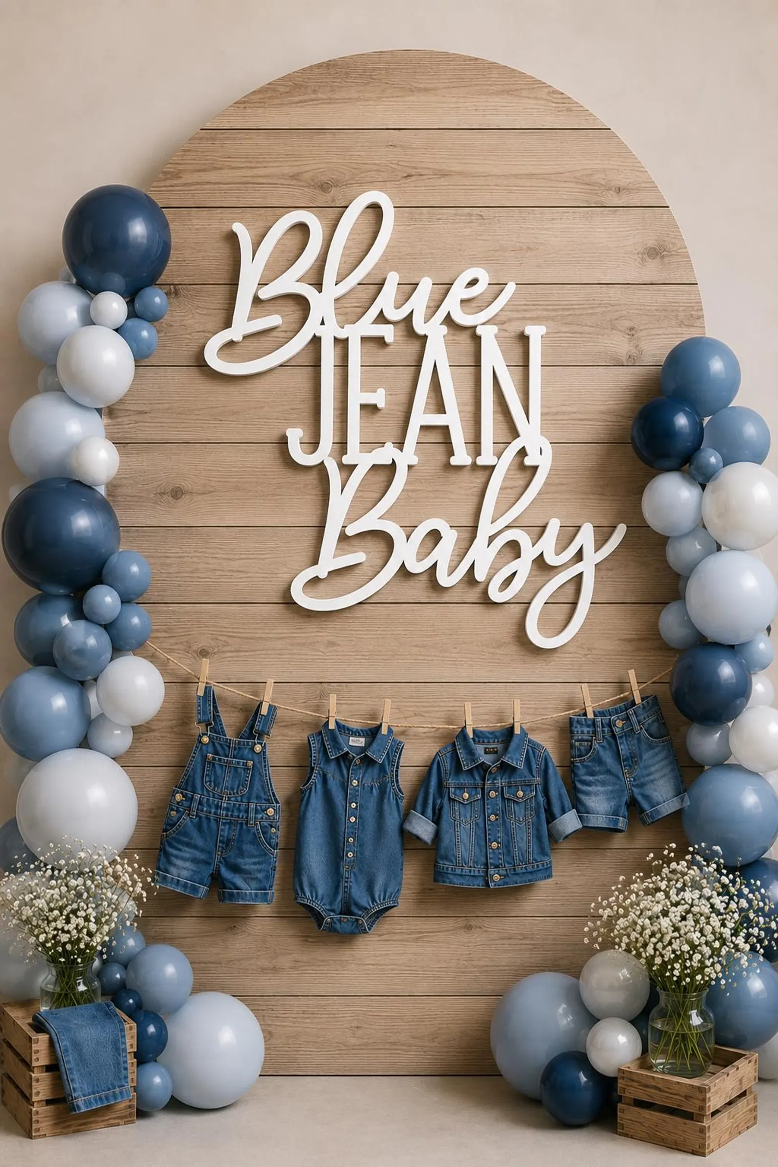 White wooden Blue Jean Baby sign displayed on a wood backdrop with blue and white balloons, denim baby clothes, and flowers for a blue jean baby shower theme.