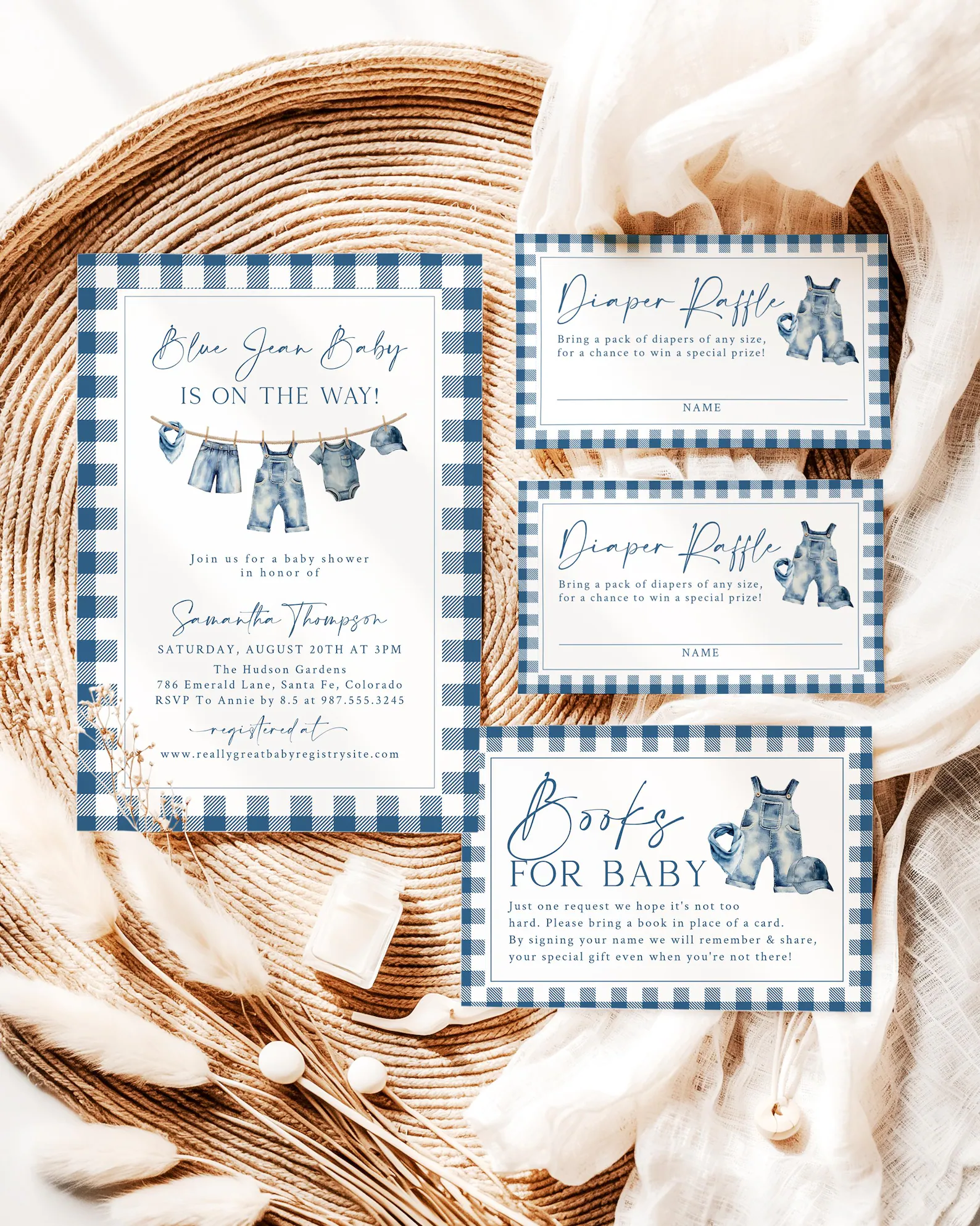 Blue Jean Baby shower invitation set with blue gingham borders, watercolor denim baby clothes, diaper raffle cards, and books for baby inserts for a blue jean baby shower theme.