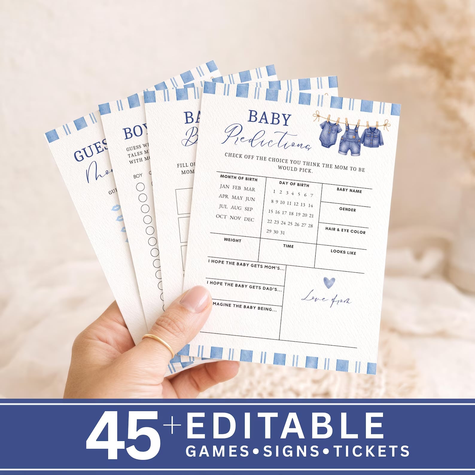 Printable baby shower game cards with blue gingham borders and watercolor denim baby clothes.