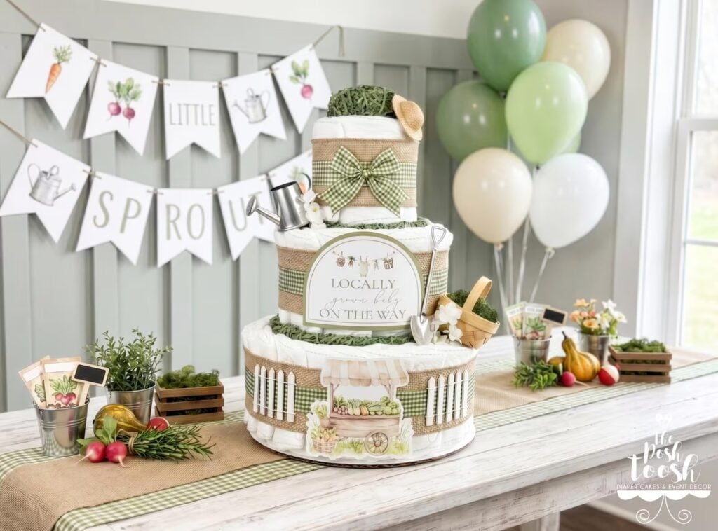 Locally grown baby shower diaper cake decorated with green gingham ribbon, burlap, garden vegetables, watering cans, and fresh market details.