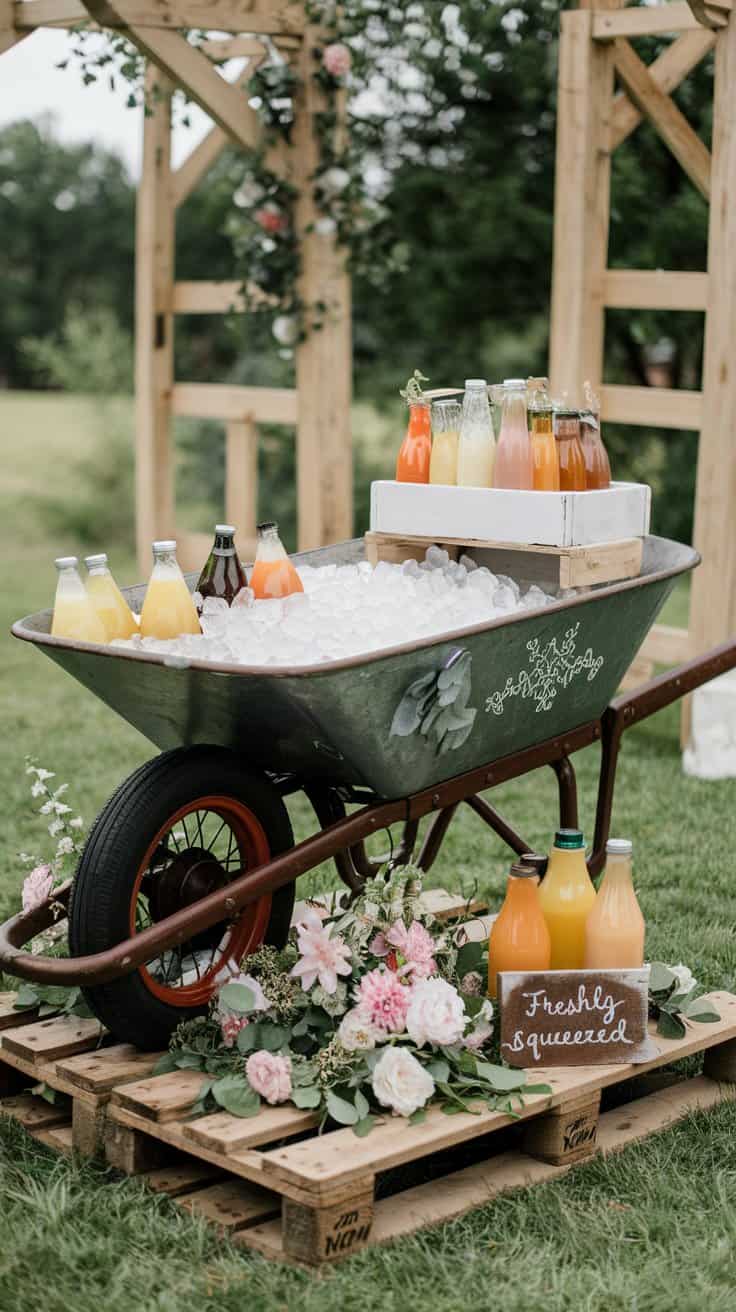 Locally grown baby shower drink station with colorful bottled juices chilled in a vintage wheelbarrow filled with ice, surrounded by wooden crates and fresh flowers.