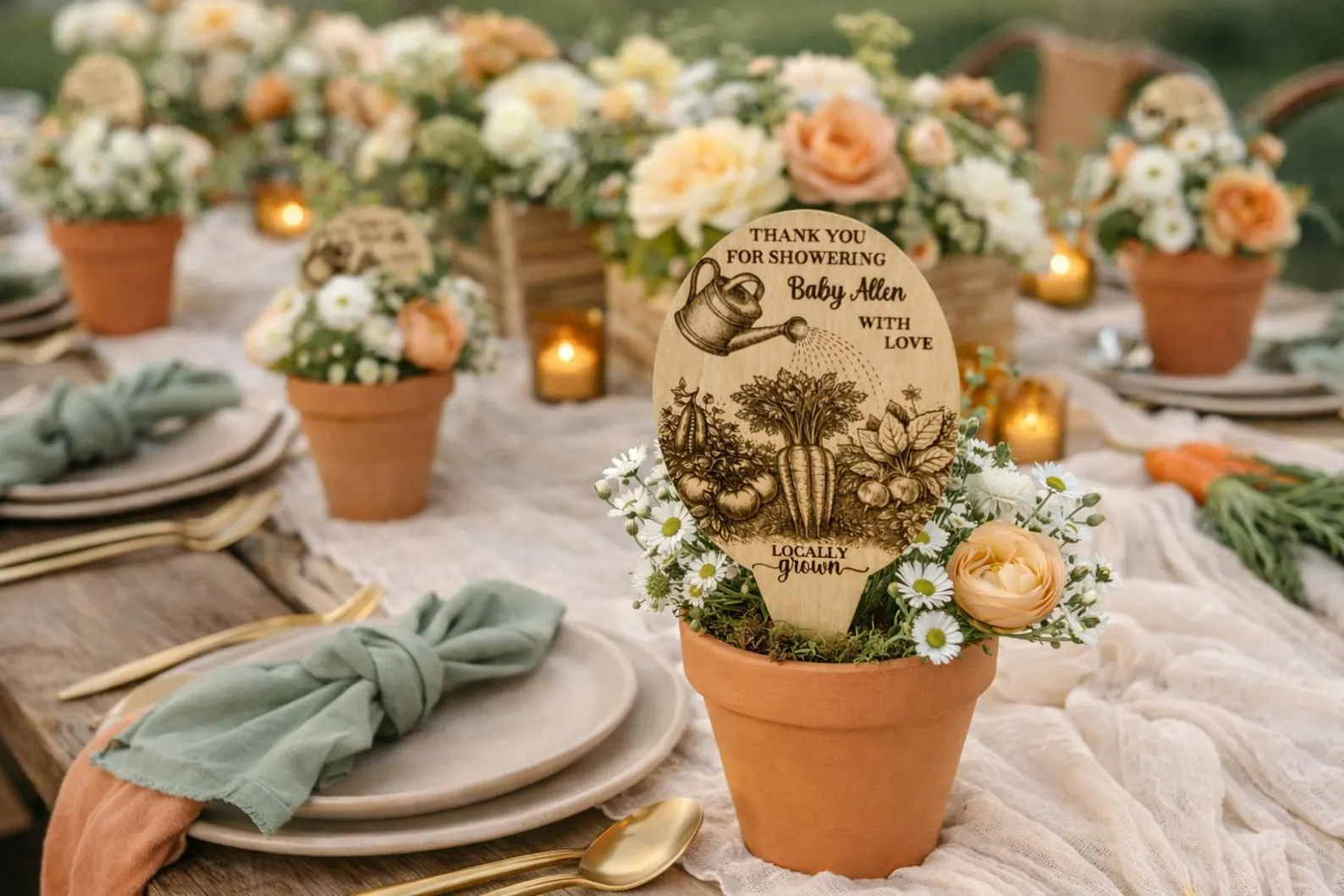 Locally grown baby shower table setting with terracotta flower pot centerpieces, garden-inspired wooden signs, peach and white flowers, sage green napkins, and gold flatware.