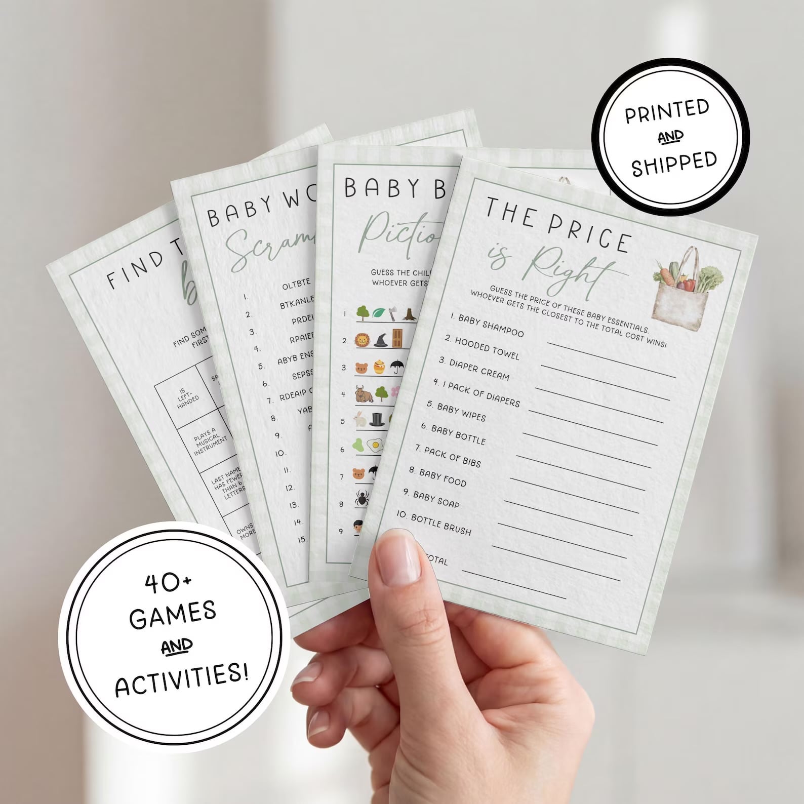 Locally grown baby shower games and activities printed with soft sage green garden details, including Baby Bingo, Baby Word Scramble, and The Price Is Right.