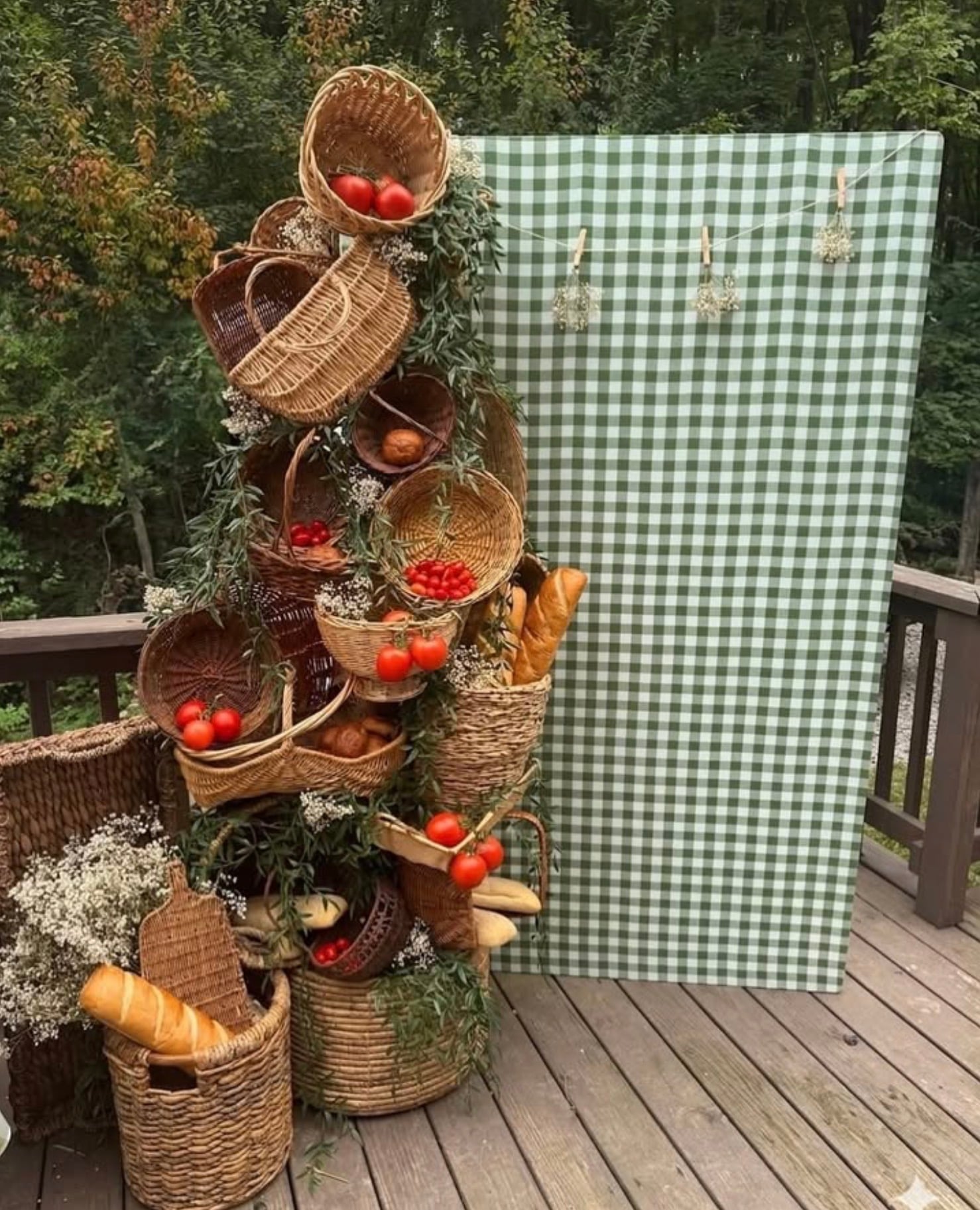 Locally grown baby shower photo backdrop with sage green gingham, stacked wicker market baskets filled with tomatoes and bread, fresh greenery, and white wildflowers.