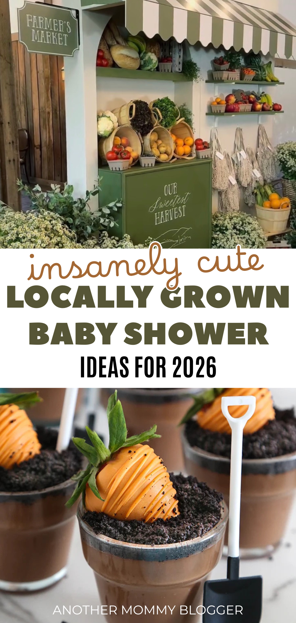 These locally grown baby shower ideas are perfect for a sweet farmers market baby shower theme. Find garden baby shower ideas, farm baby shower decorations, vegetable themed desserts, farmers market party decor, baby shower food ideas, and unique baby shower themes.